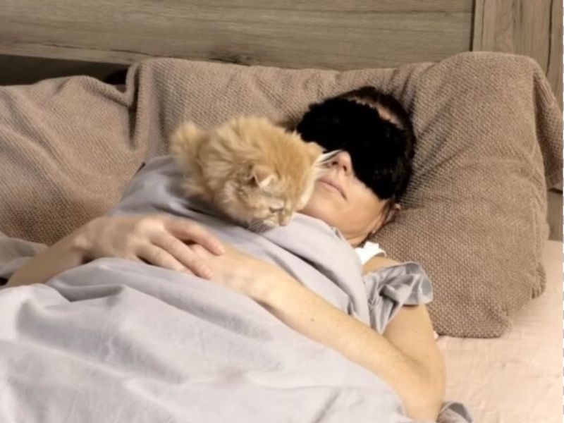 mačka leži na ženi koja spava