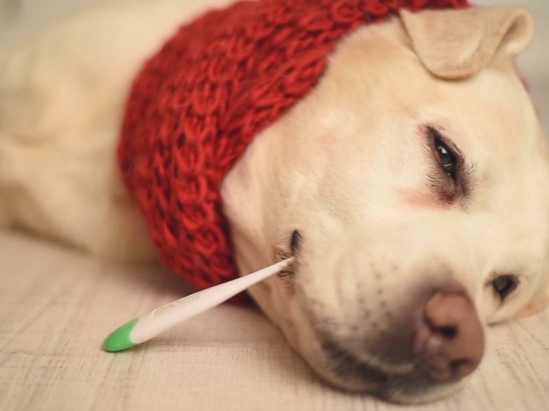 bolestan pas sa šalom oko vrata i toplomerom u ustima leži na podu