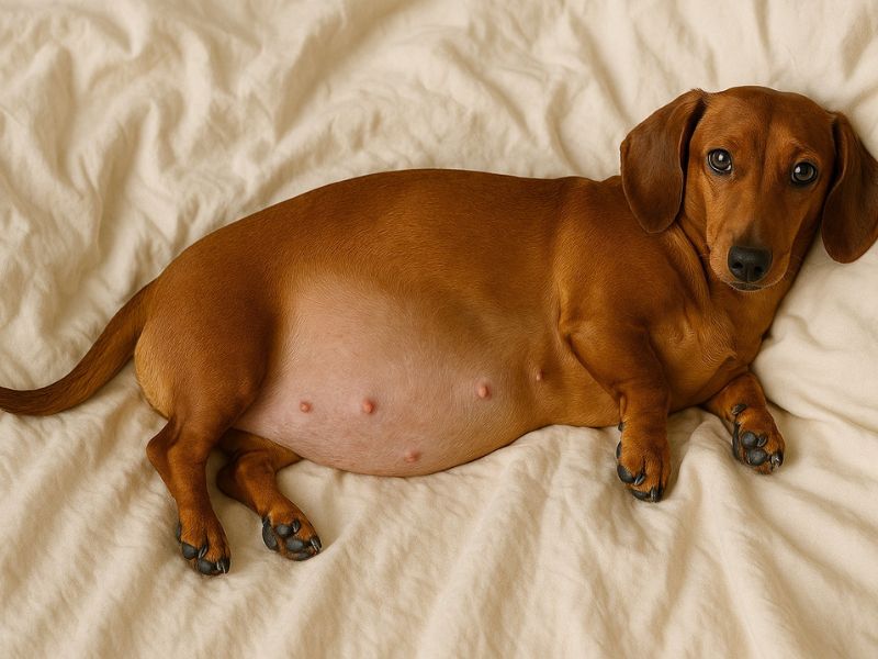 trudna mala rasa psa leži na krevetu